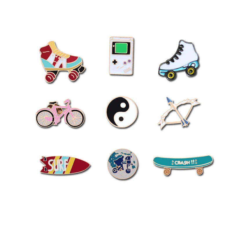 Trendy Sports & Taoism Brooch Pins - Tai Chi, Surfboard, Skateboard, Bicycle & More