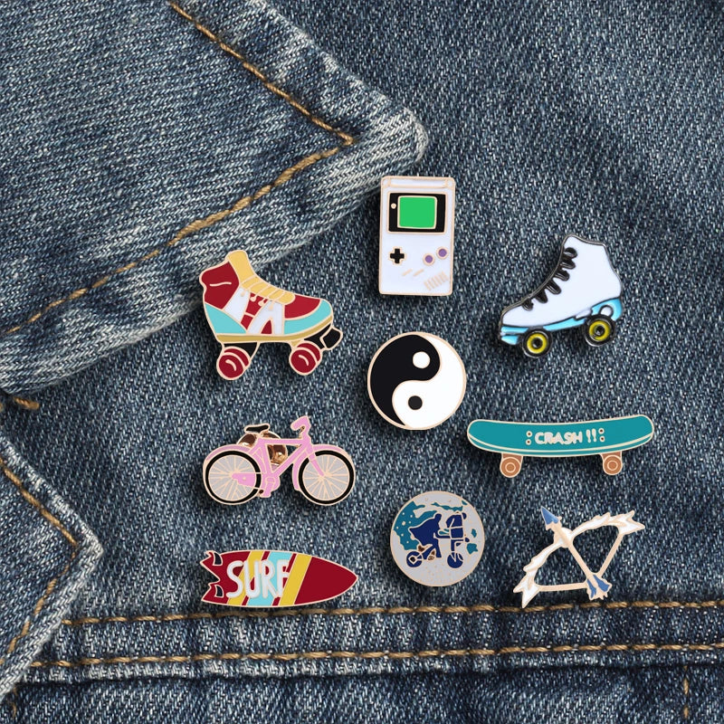 Trendy Sports & Taoism Brooch Pins - Tai Chi, Surfboard, Skateboard, Bicycle & More