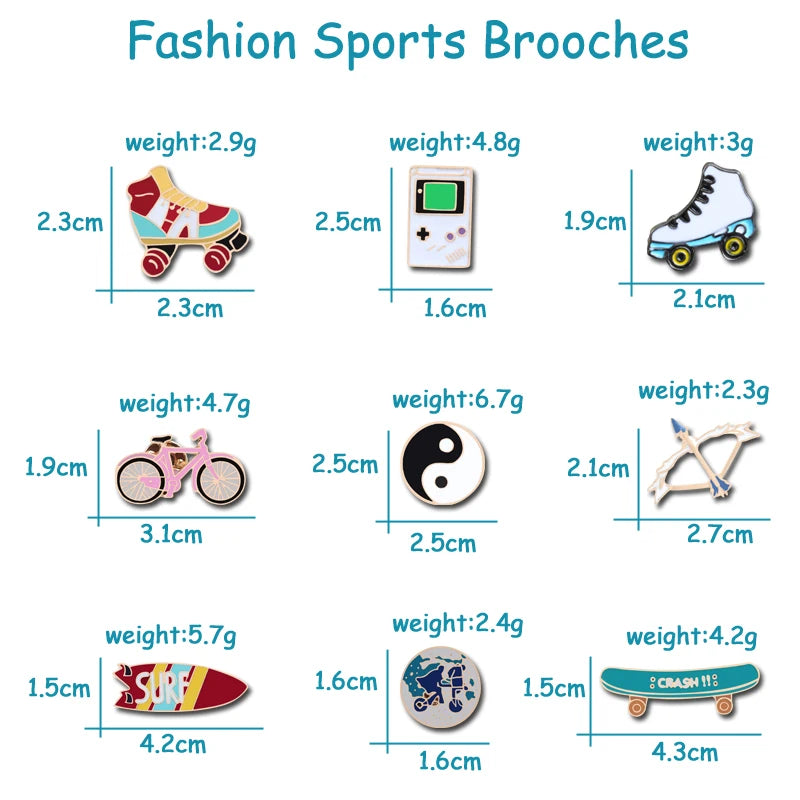 Trendy Sports & Taoism Brooch Pins - Tai Chi, Surfboard, Skateboard, Bicycle & More