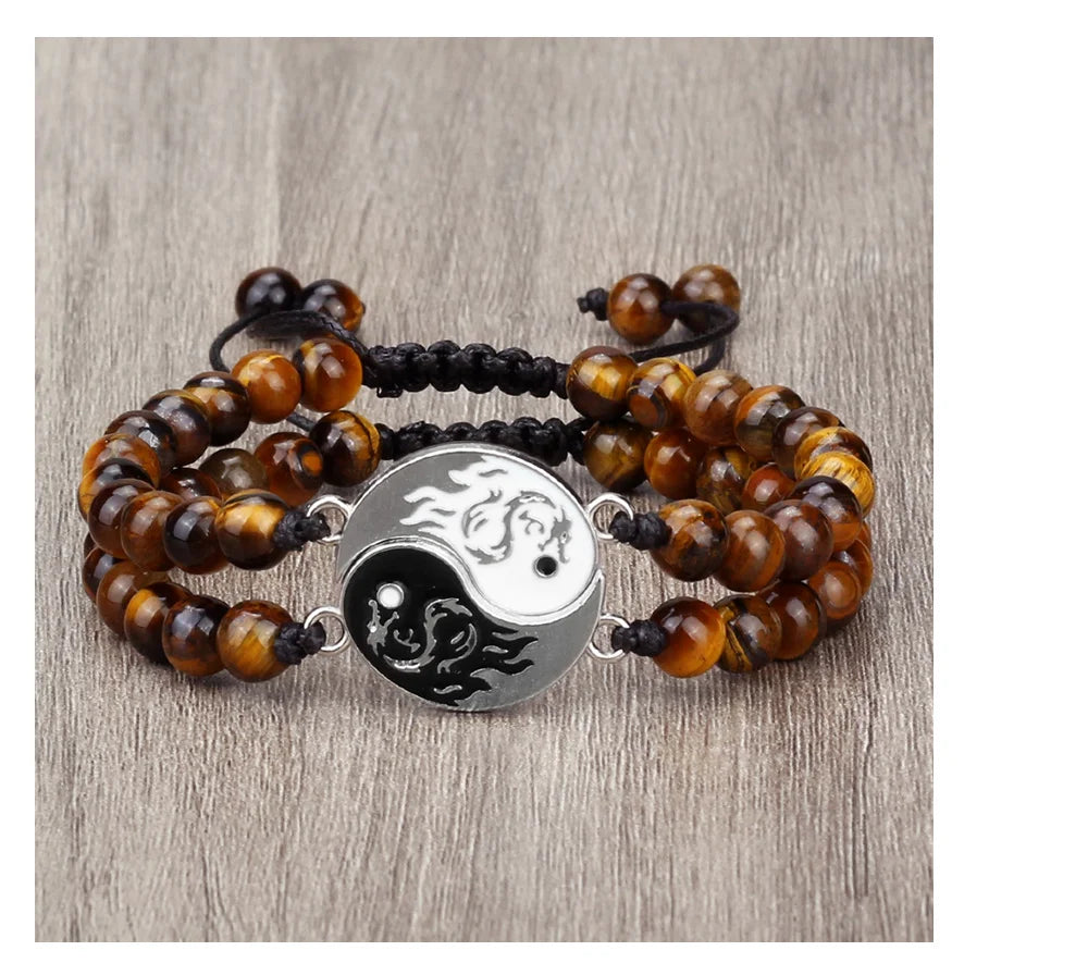 Couple Yin-Yang Dragon Bracelets - Natural Stone & Lava Beads (2pcs)