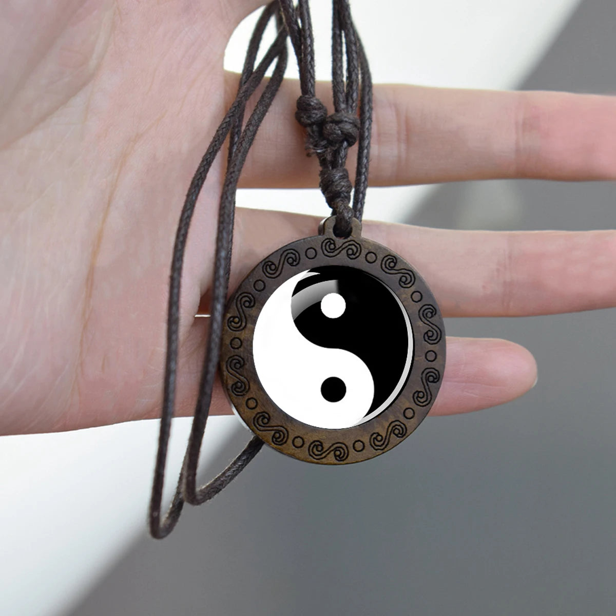 Yin-Yang Taichi Wood & Glass Pendant Necklace - Spiritual Meditation Jewelry