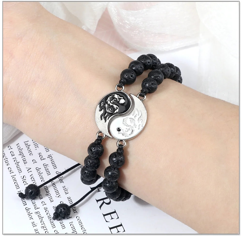 Couple Yin-Yang Dragon Bracelets - Natural Stone & Lava Beads (2pcs)