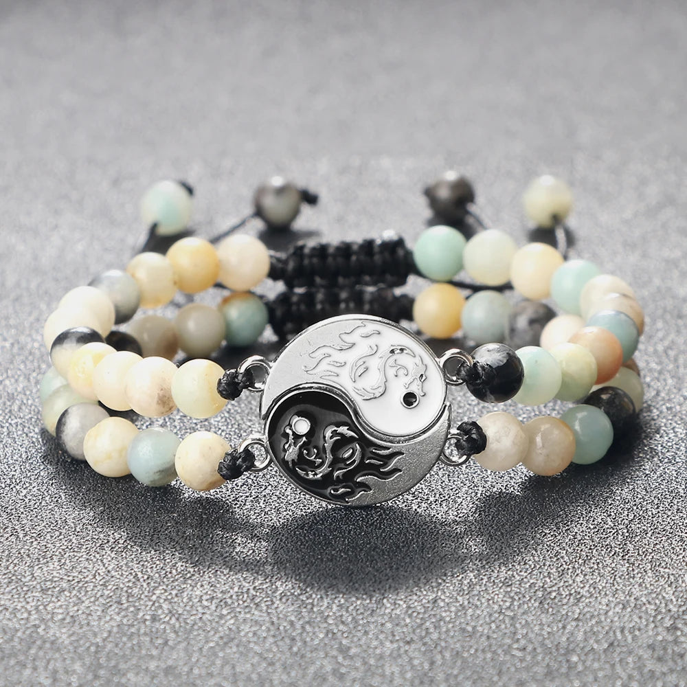 Couple Yin-Yang Dragon Bracelets - Natural Stone & Lava Beads (2pcs)