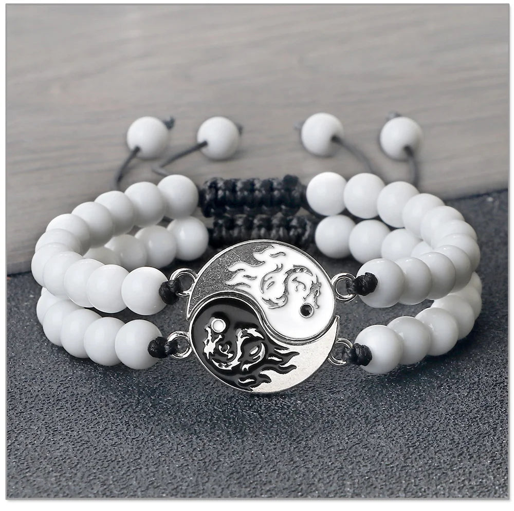 Couple Yin-Yang Dragon Bracelets - Natural Stone & Lava Beads (2pcs)