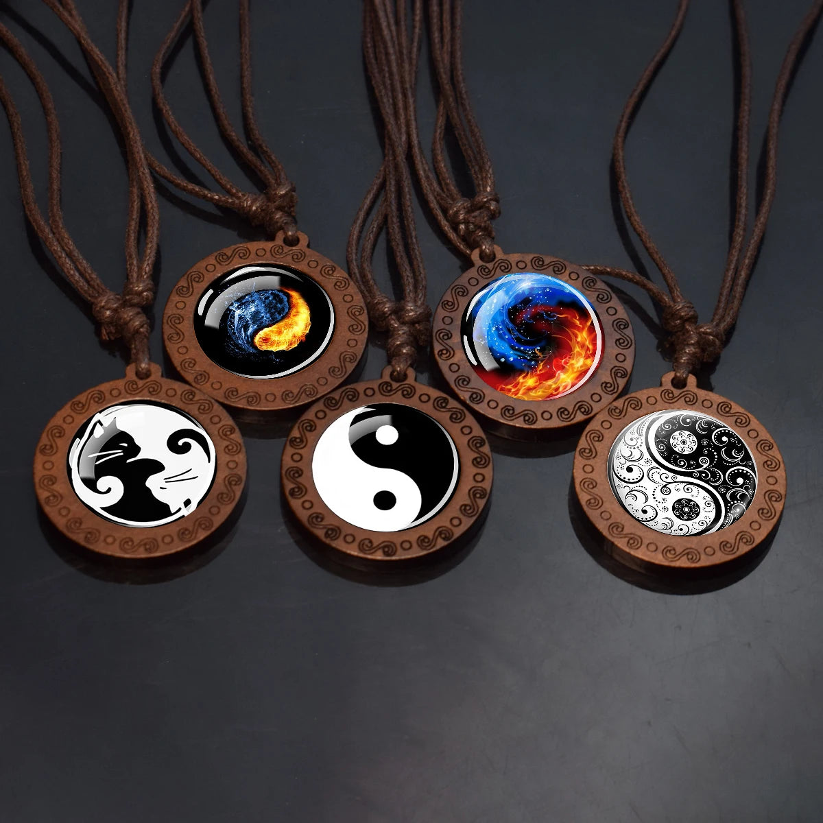 Yin-Yang Taichi Wood & Glass Pendant Necklace - Spiritual Meditation Jewelry