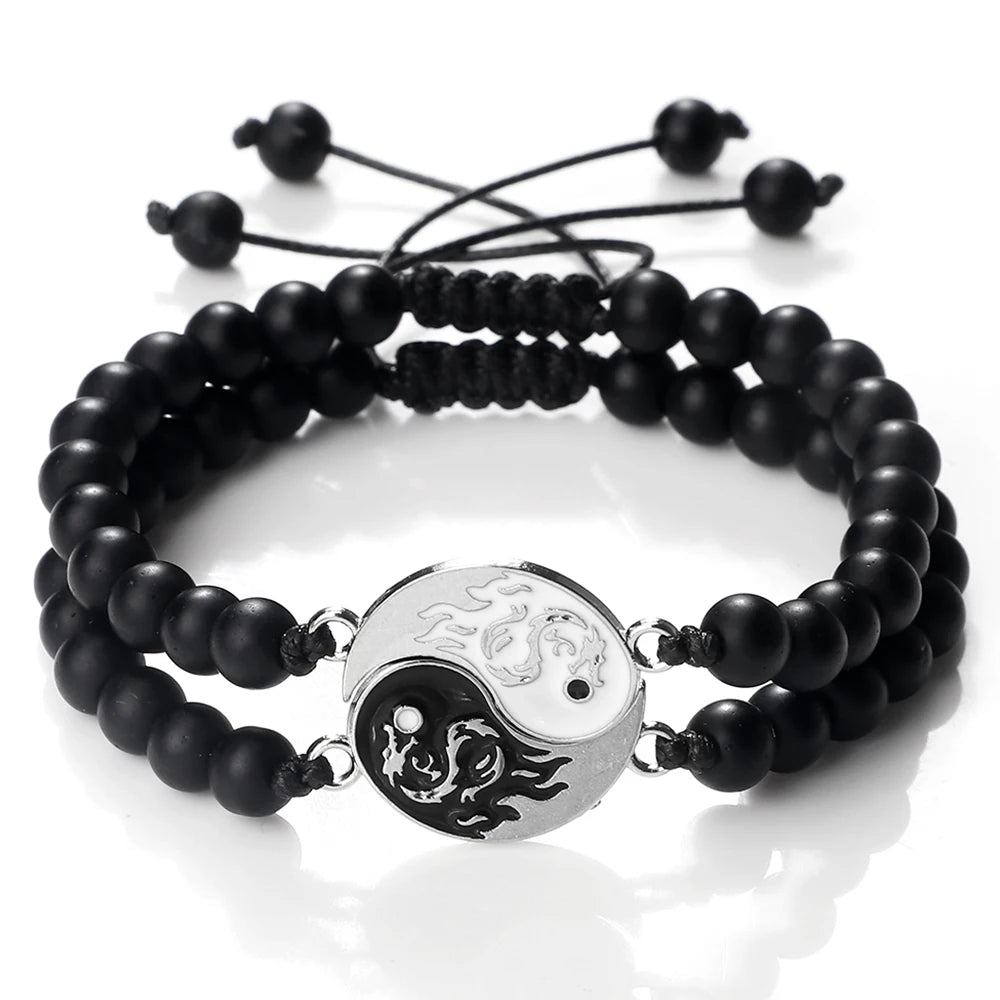 Couple Yin-Yang Dragon Bracelets - Natural Stone & Lava Beads (2pcs)