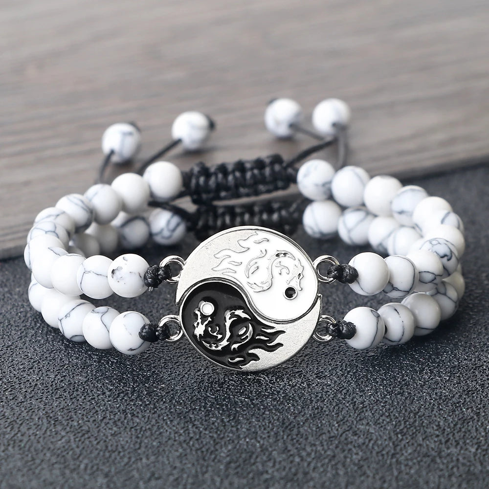 Couple Yin-Yang Dragon Bracelets - Natural Stone & Lava Beads (2pcs)