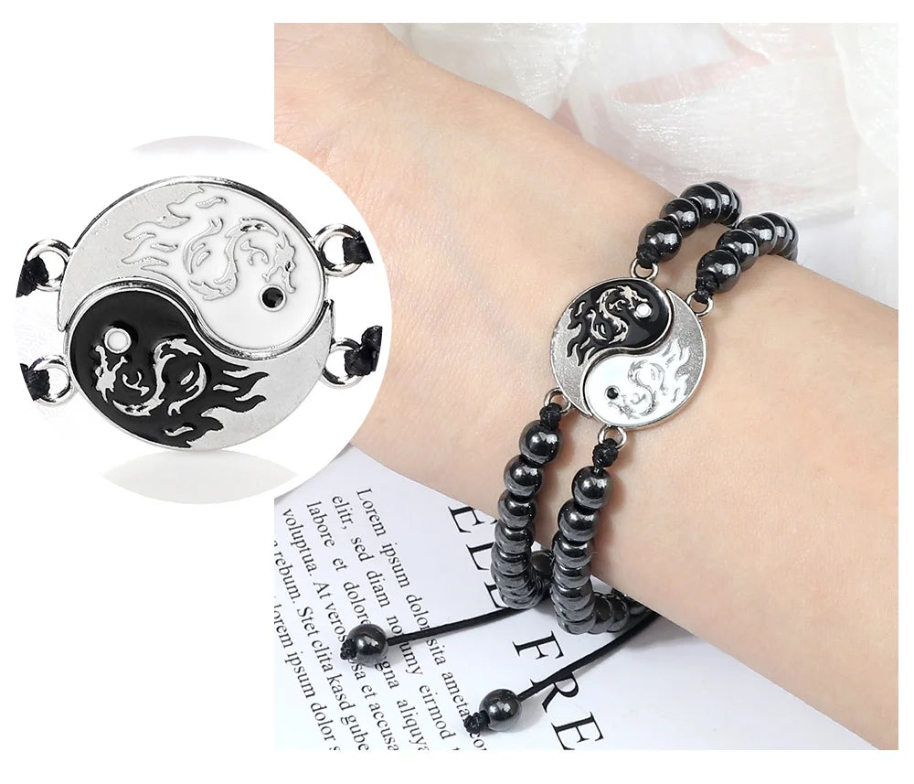 Couple Yin-Yang Dragon Bracelets - Natural Stone & Lava Beads (2pcs)