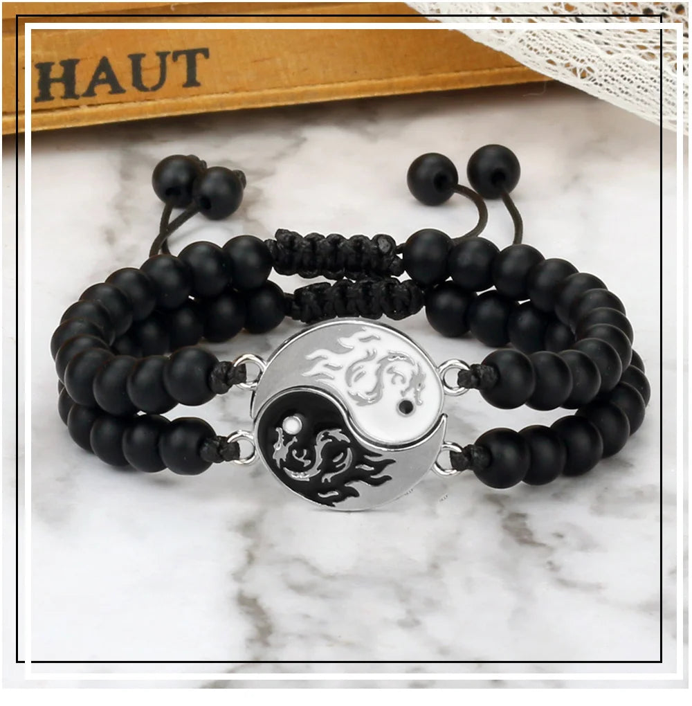 Couple Yin-Yang Dragon Bracelets - Natural Stone & Lava Beads (2pcs)