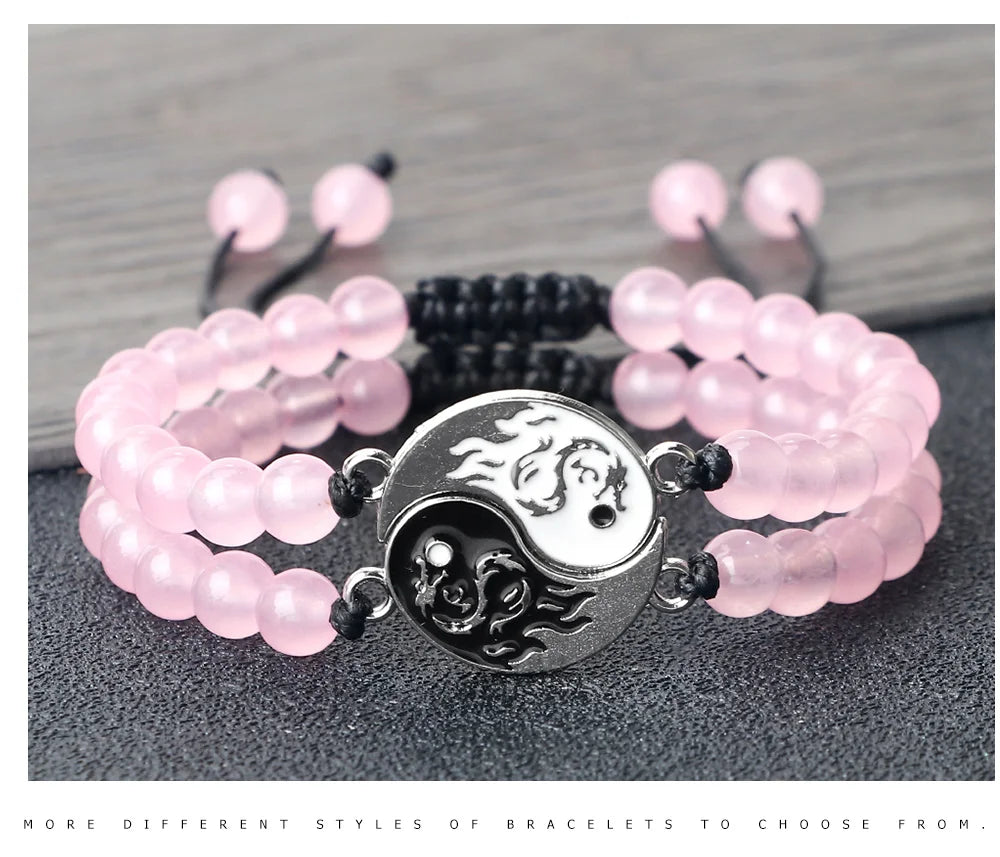 Couple Yin-Yang Dragon Bracelets - Natural Stone & Lava Beads (2pcs)