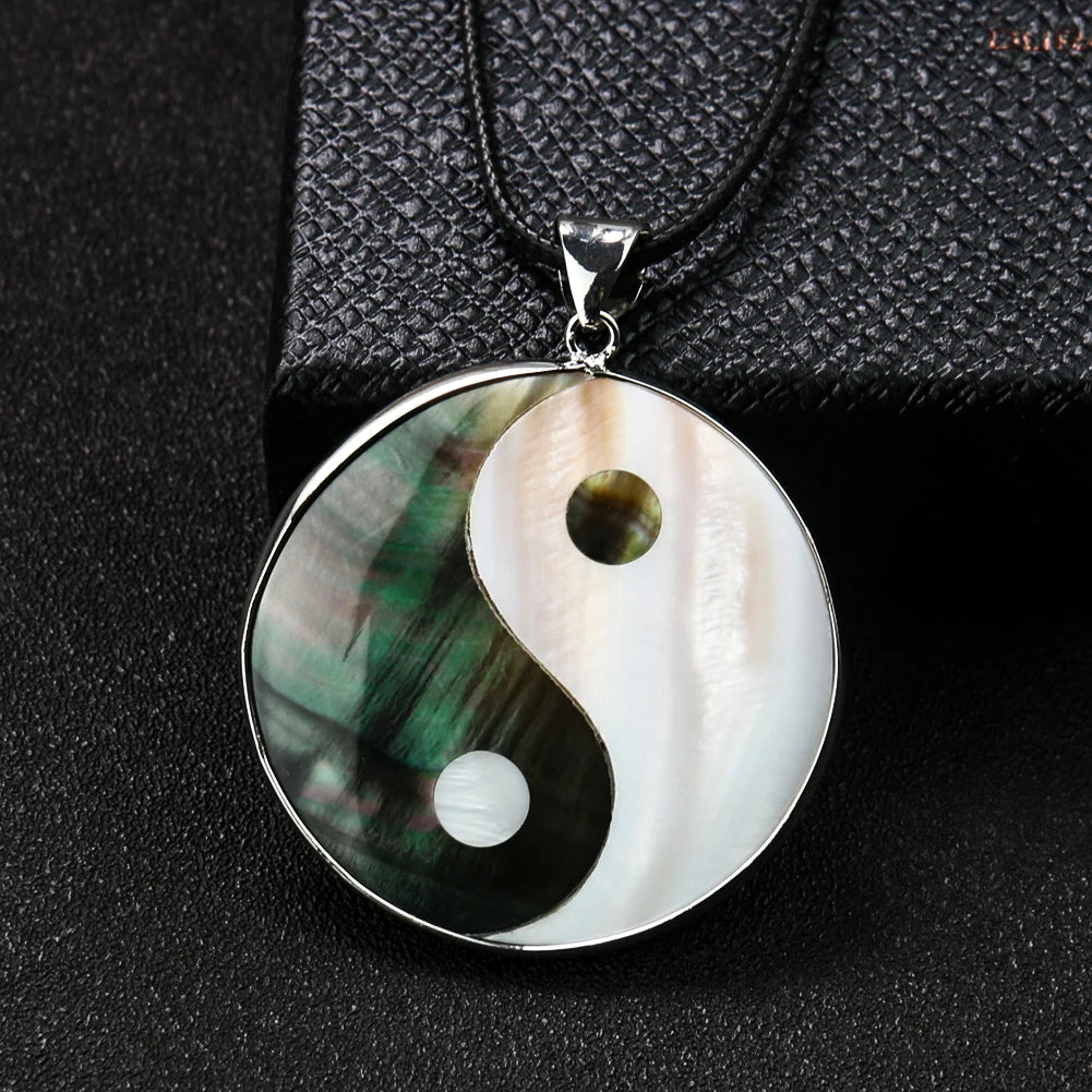 Natural Shell Yin-Yang Tai Chi Necklace - Black & White Taoist Pendant